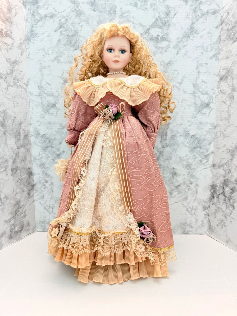 Vintage TL Toys Victorian-Style Porcelain Doll in Rose and Cream with Stand
